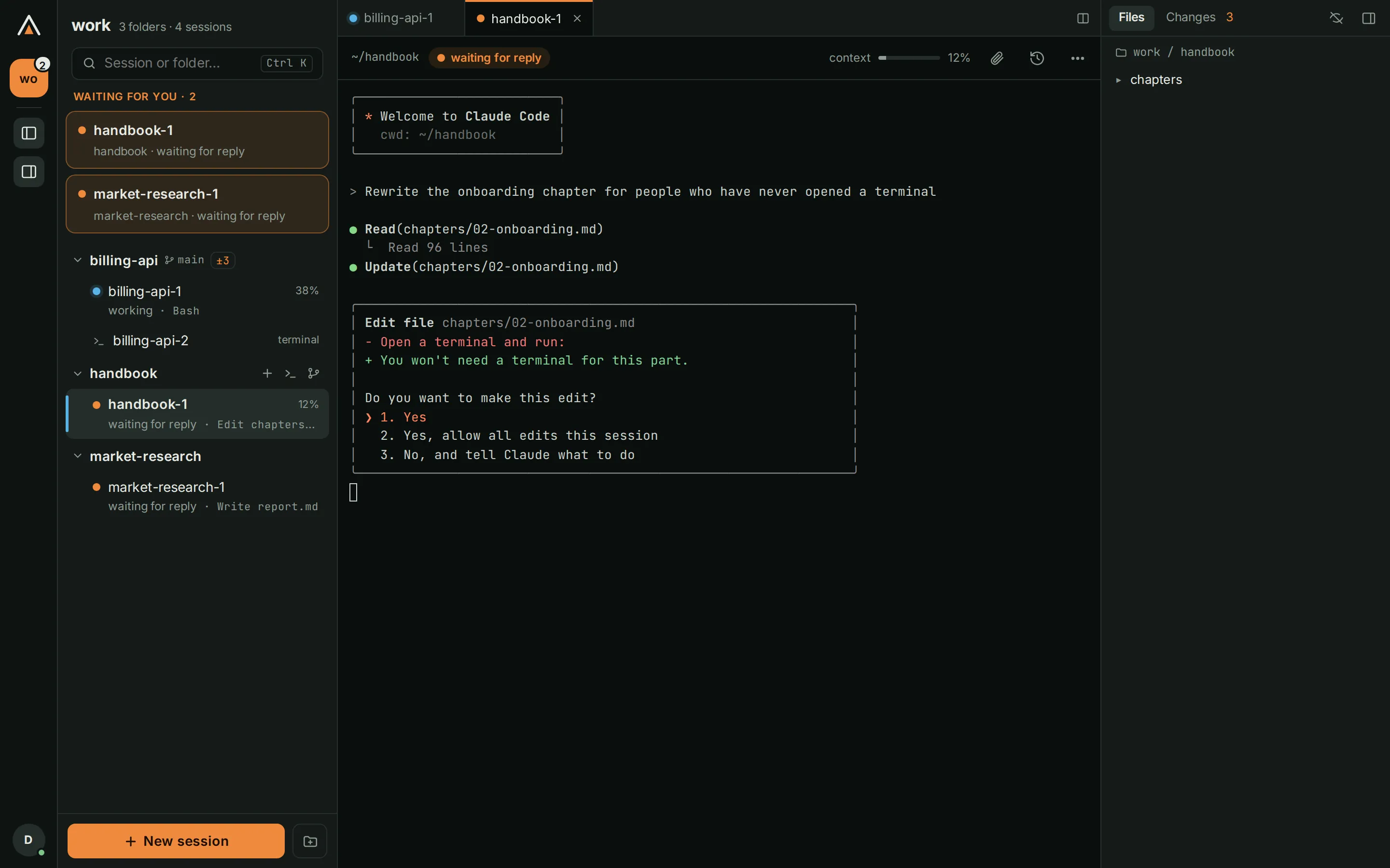 Claude Code asking for permission to edit a file, with the session list showing statuses of four sessions