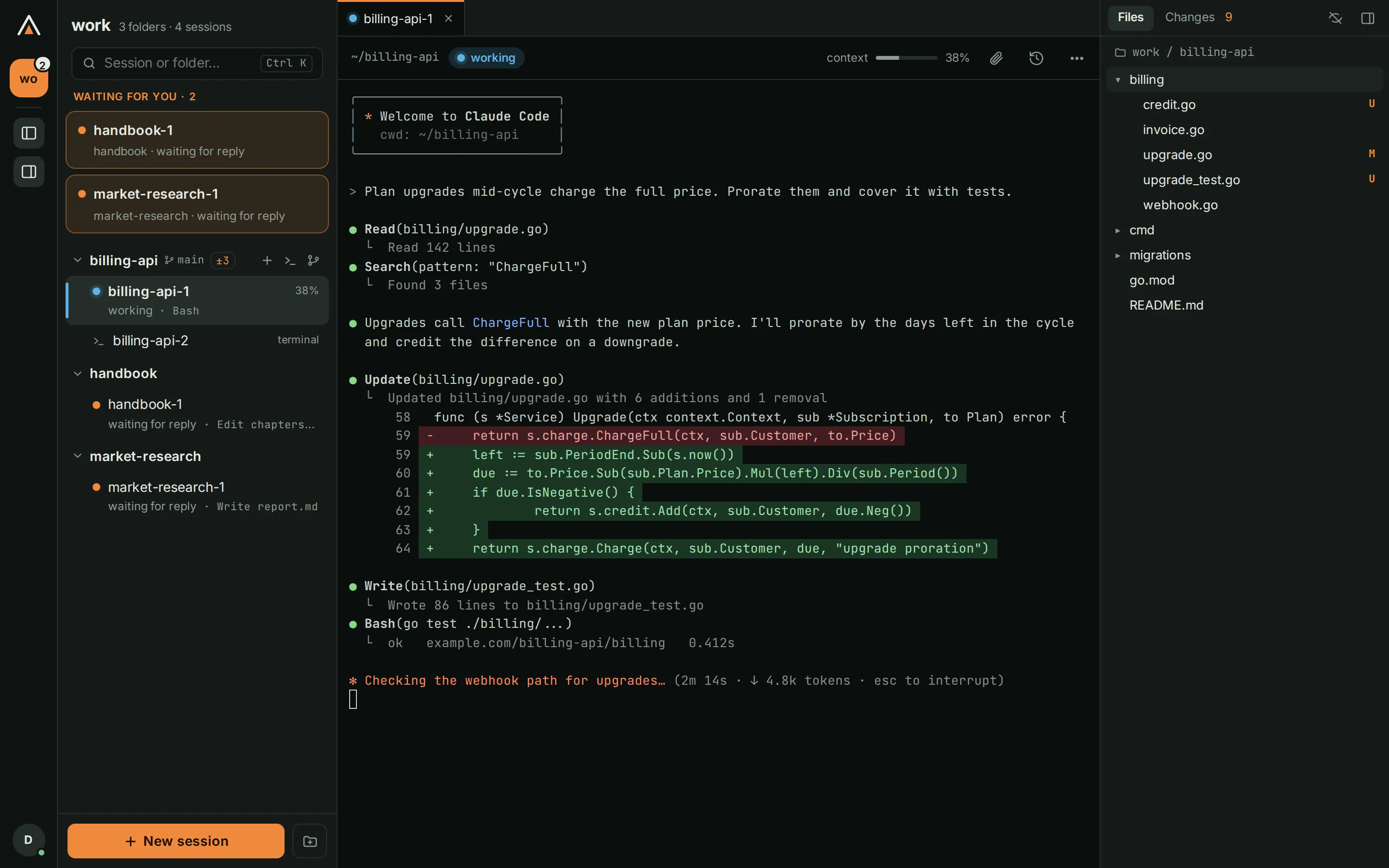 Laavu in a browser: a list of sessions with two waiting for an answer, Claude Code editing a Go file in the middle, the project files on the right