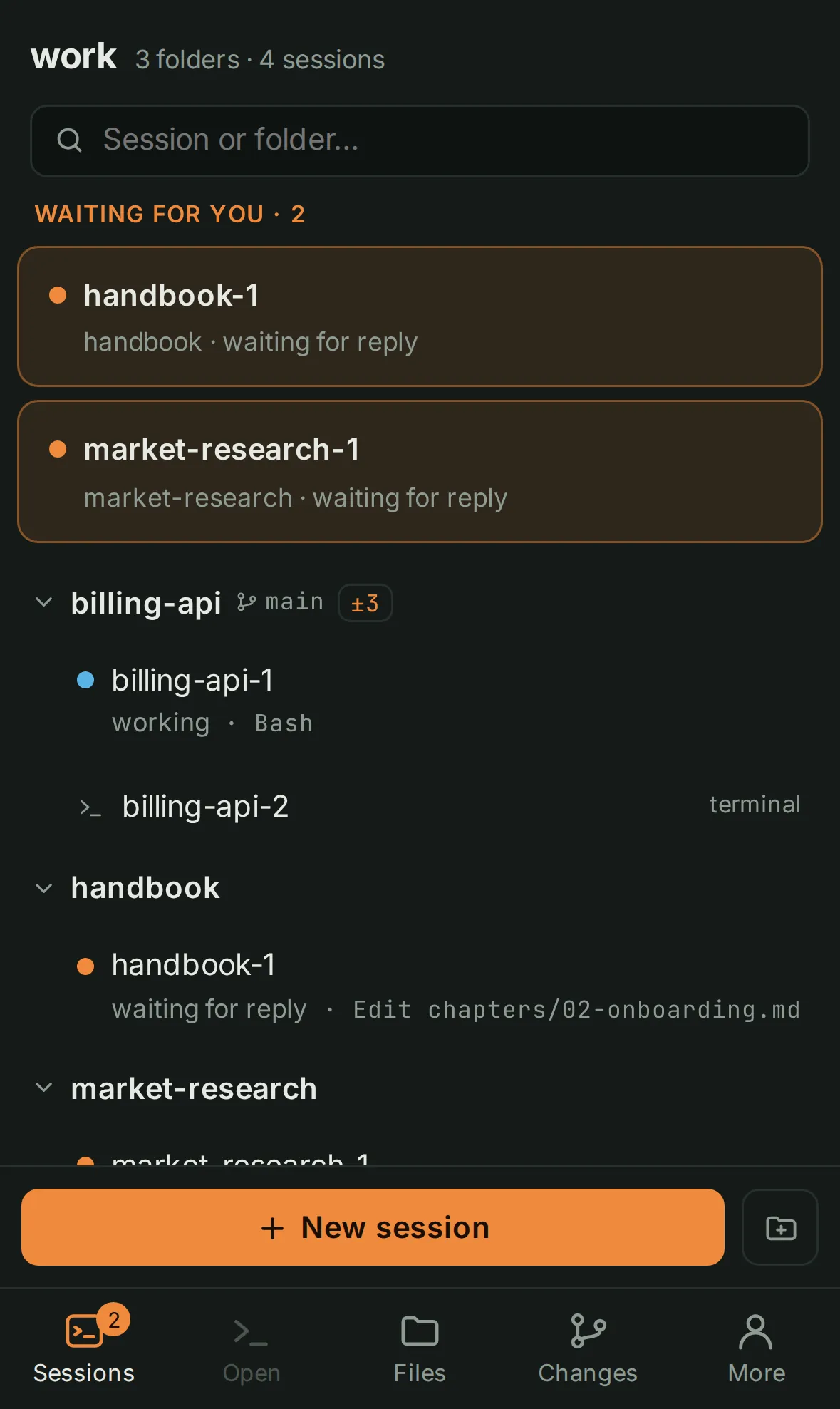 Session list on a phone with two sessions waiting for an answer